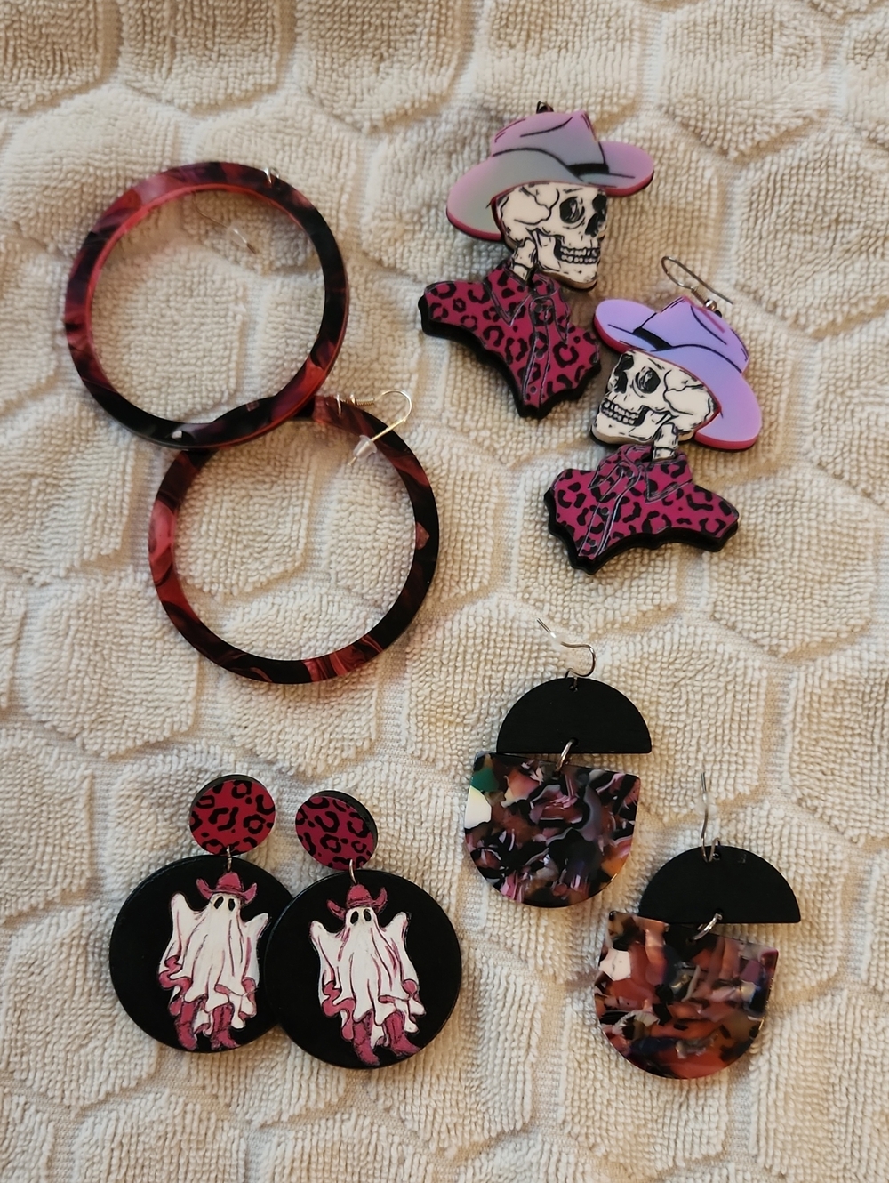 Spooky Goth Pink Leopard Cowboy Skull Earrings Set FINAL PRICE